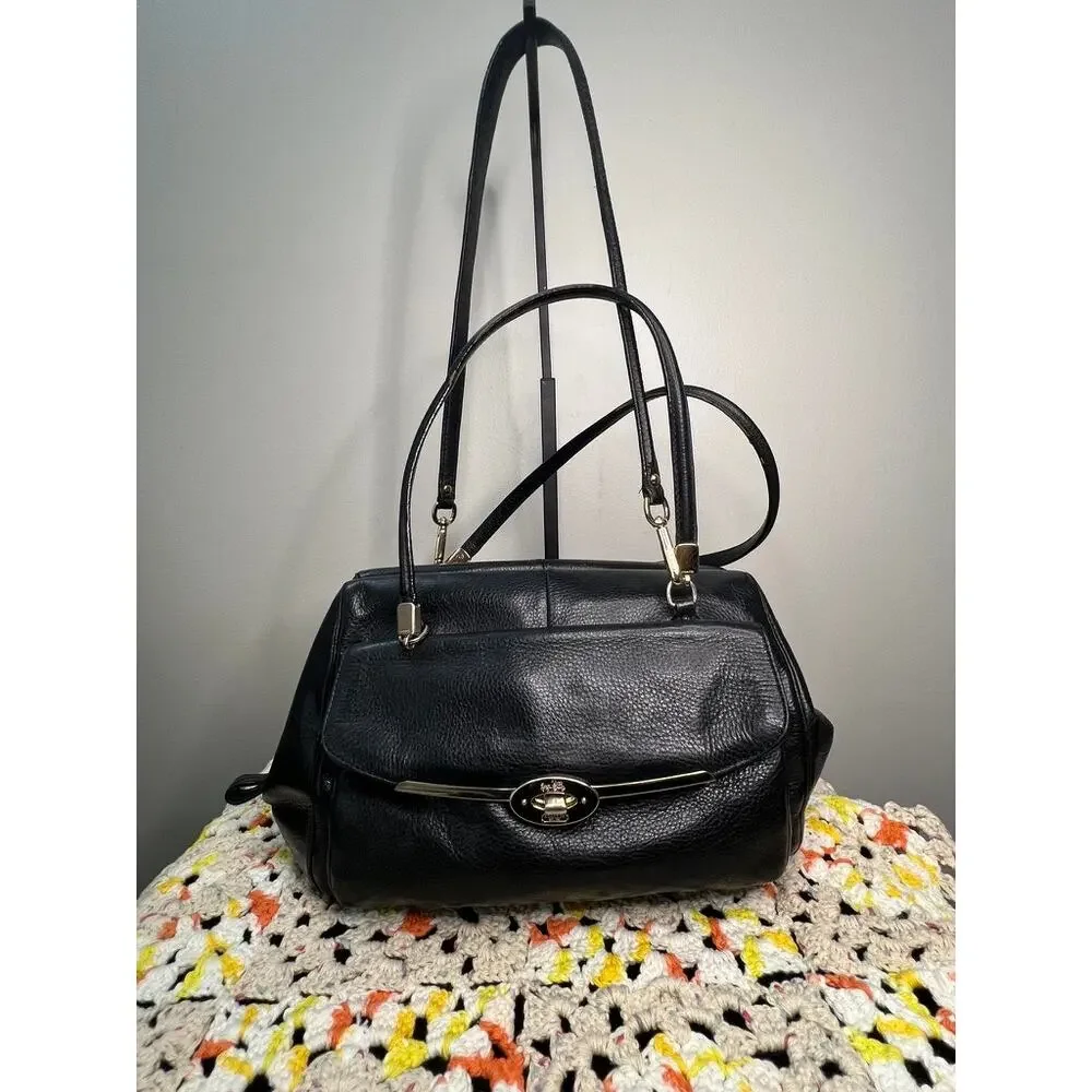 Coach Madison Madeline Black Pebbled Leather East West Satchel Shoulder Bag